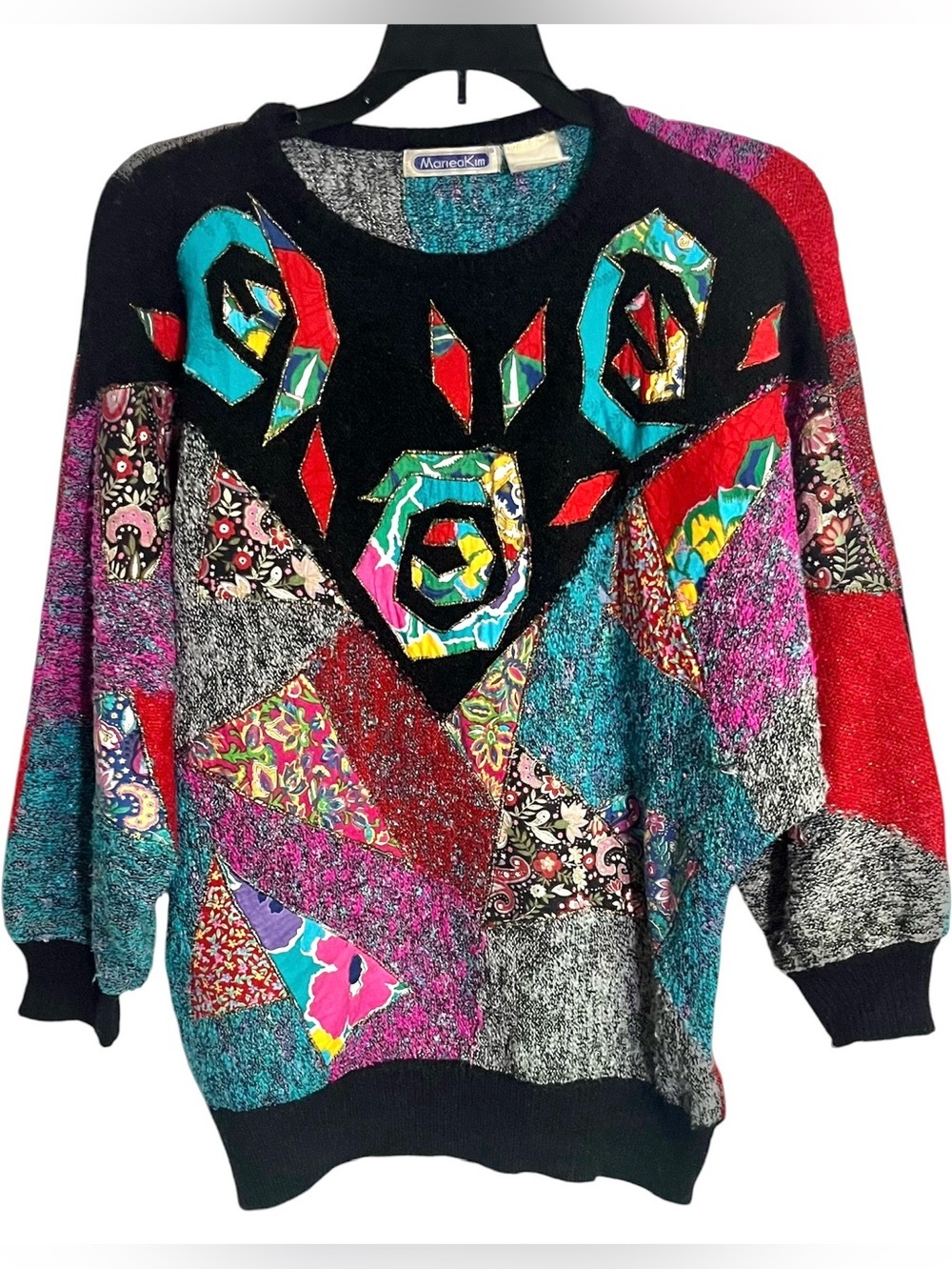 Vtg Mariea Kim Sweater Multicolor Vintage 80s Patchwork Knit Batwing Pullover M